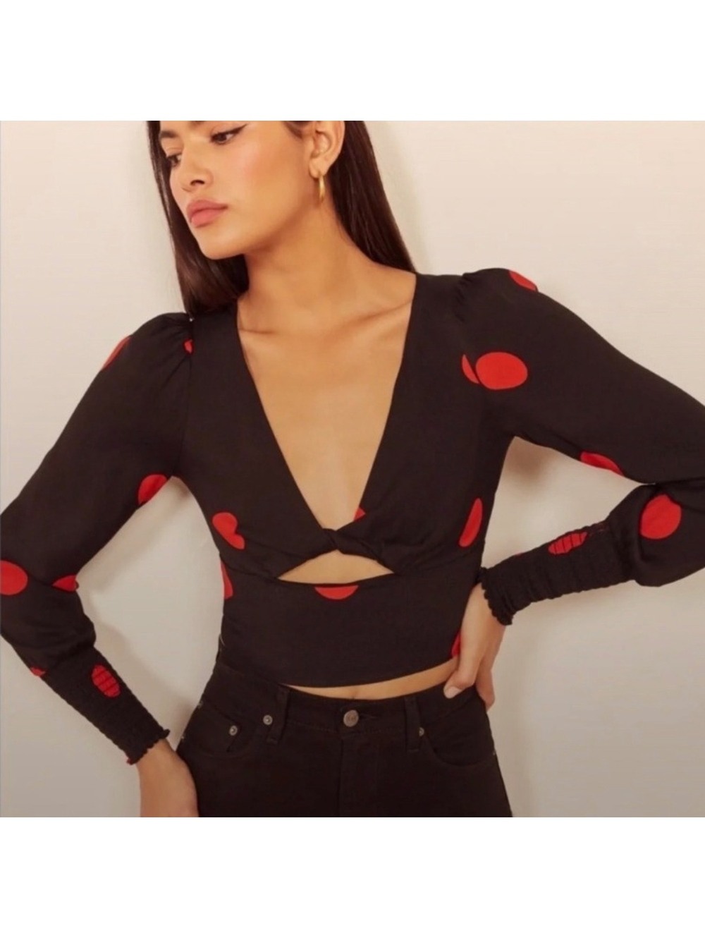 Reformation Marais Top Black Red Polka Dot Twist Front Crop Top Size 4
